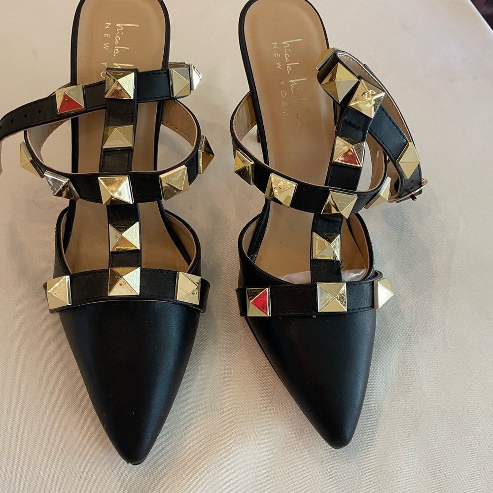 Nicole Miller Black Heels with Gold Studs 9
